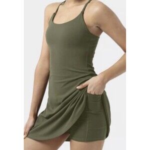 Nicole Miller Sport Olive Green Athletic Dress Built-In Shorts Strappy Back L